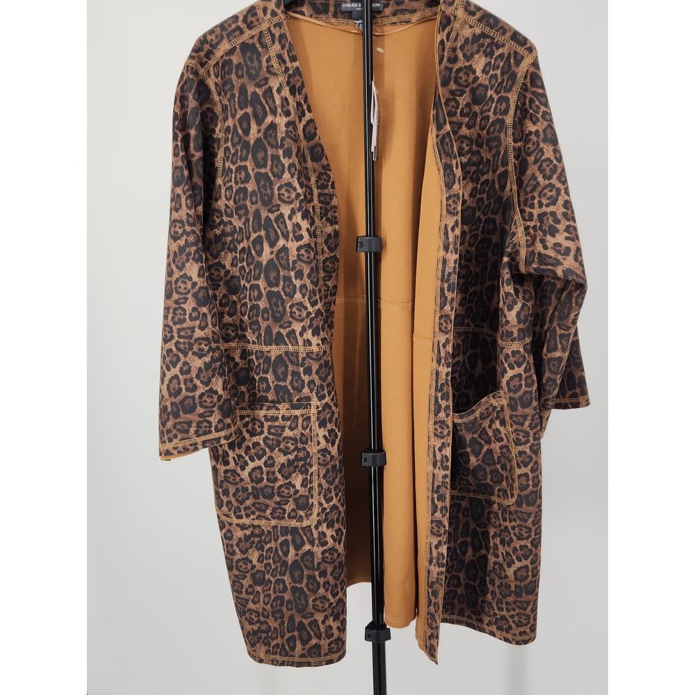 Chelsea & Theodore Woman Faux Leather Leopard Print Open Front Cardigan Brown 2X